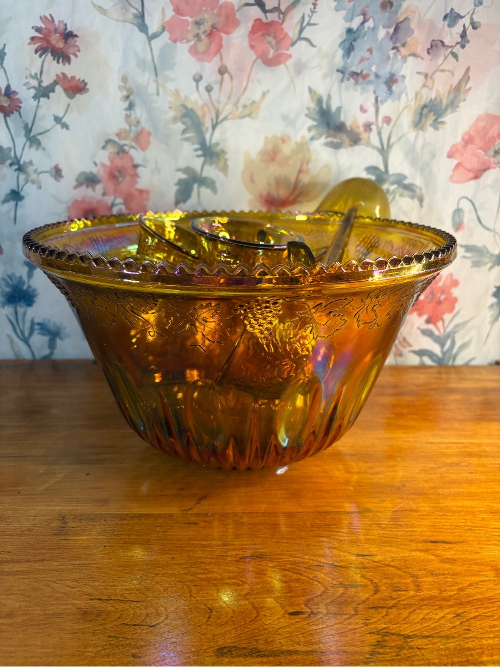 Vintage Iridescent Amber Carnival Glass Serving Bowl with Ladle